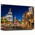 Acrylic print of a large abstract depiction of Madrid with vibrant blue and orange tones, ideal for dining room decor.