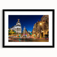 Extra large colorful abstract art print of Madrid scenery on textured canvas, framed in black, ideal for living room decor.
