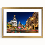 Extra large abstract art print of Madrid scenery in textured gold frame, ideal for living room decor.