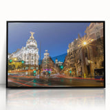 Large abstract wall art of Madrid cityscape in muted earth tones on a framed acrylic, suitable for modern living room decor.