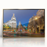 Large art print of Madrid scenery in muted earth tones on a gold-framed acrylic, ideal for mid-century modernist decor.