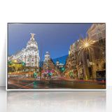 Art deco poster of Madrid skyline in muted gray tones on a framed acrylic, ideal for modern nursery wall art.