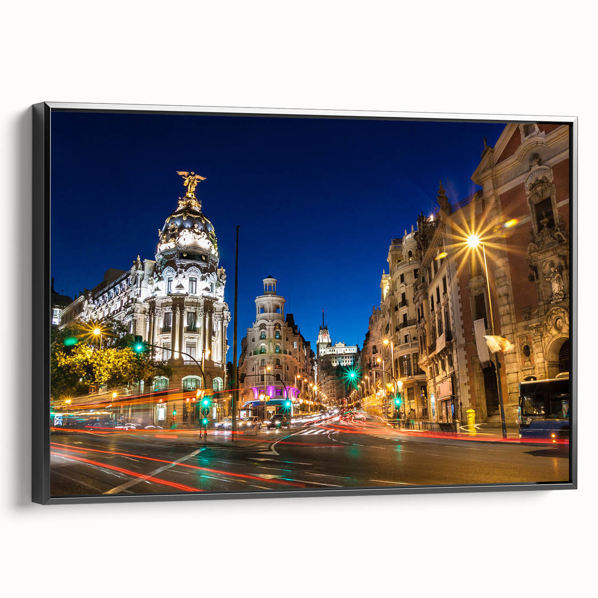 Black and white framed canvas of Madrid landscape, ideal for bedroom wall art in a vintage poster style.