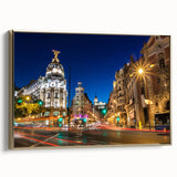Framed canvas featuring a vintage-style Madrid landscape in black and gold tones, ideal for bedroom wall art.