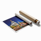 Rolled print of Madrid cityscape with vibrant floral foreground on a large format.
