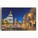 Black and white stretched canvas of Madrid cityscape, ideal for kitchen wall art.