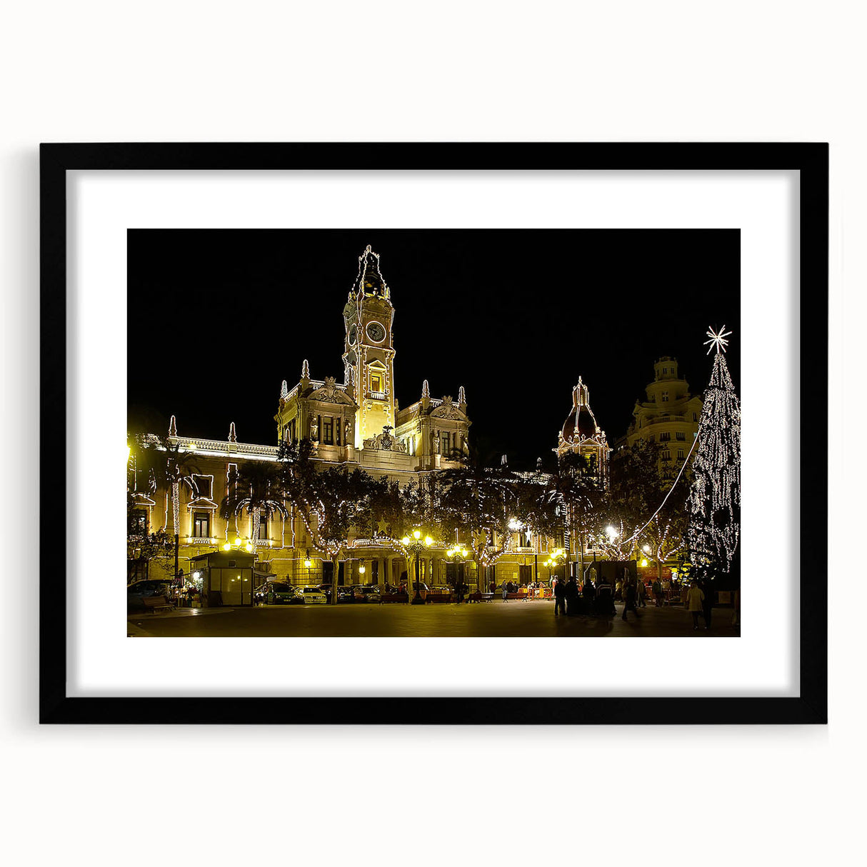 Extra large abstract art print of Valencia scenery in vibrant colors on textured canvas, framed in black.