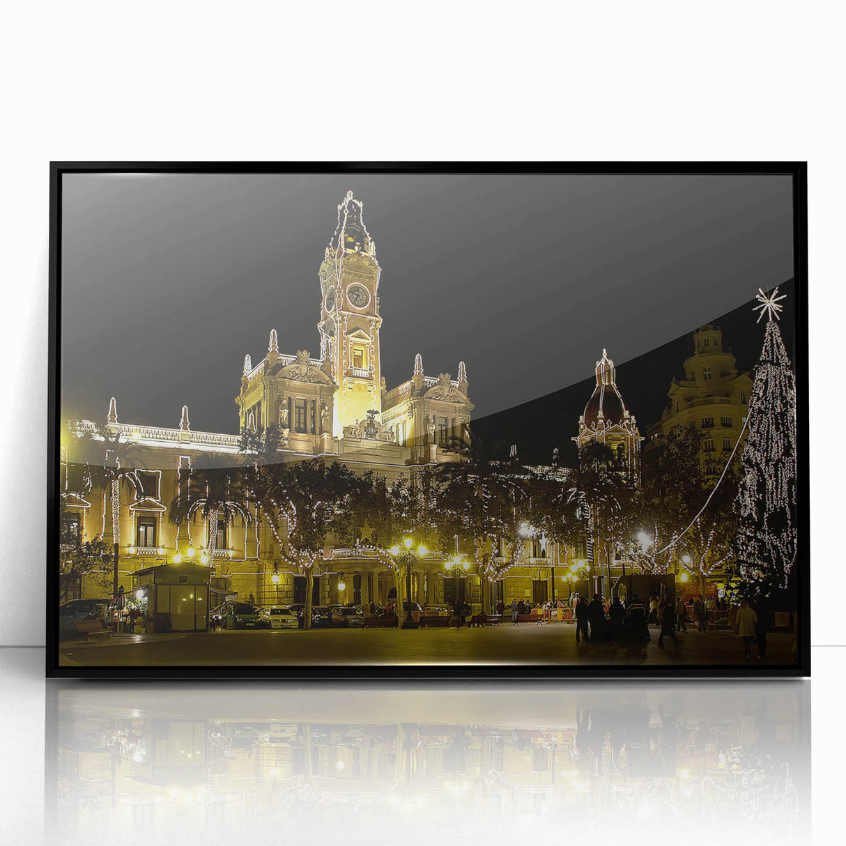 Large abstract wall art depicting a vibrant Valencia scenery in mid-century modernist style on a black framed acrylic print.