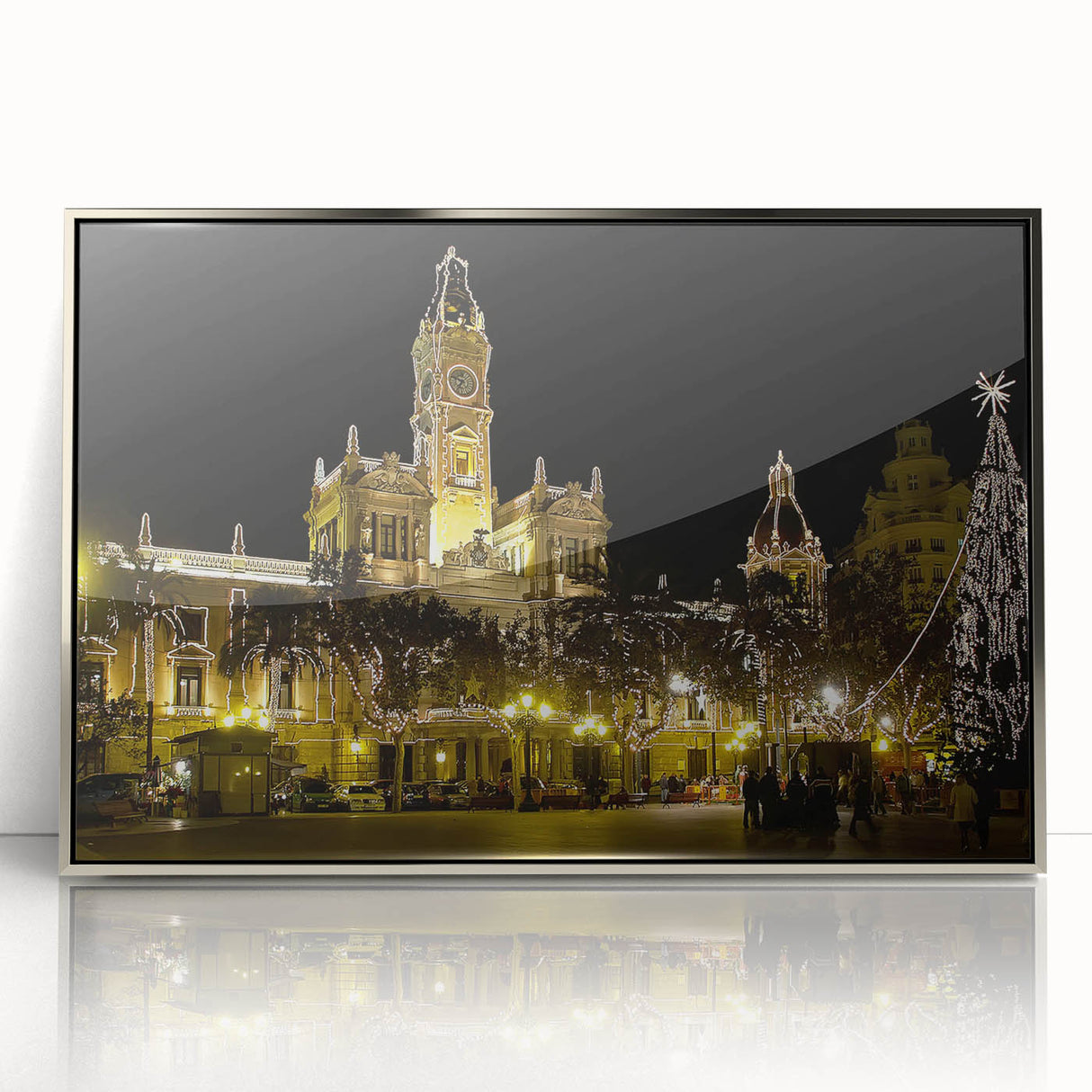 Mid-century modernist art of Valencia scenery in muted earth tones on a framed acrylic, suitable for nursery wall decor.