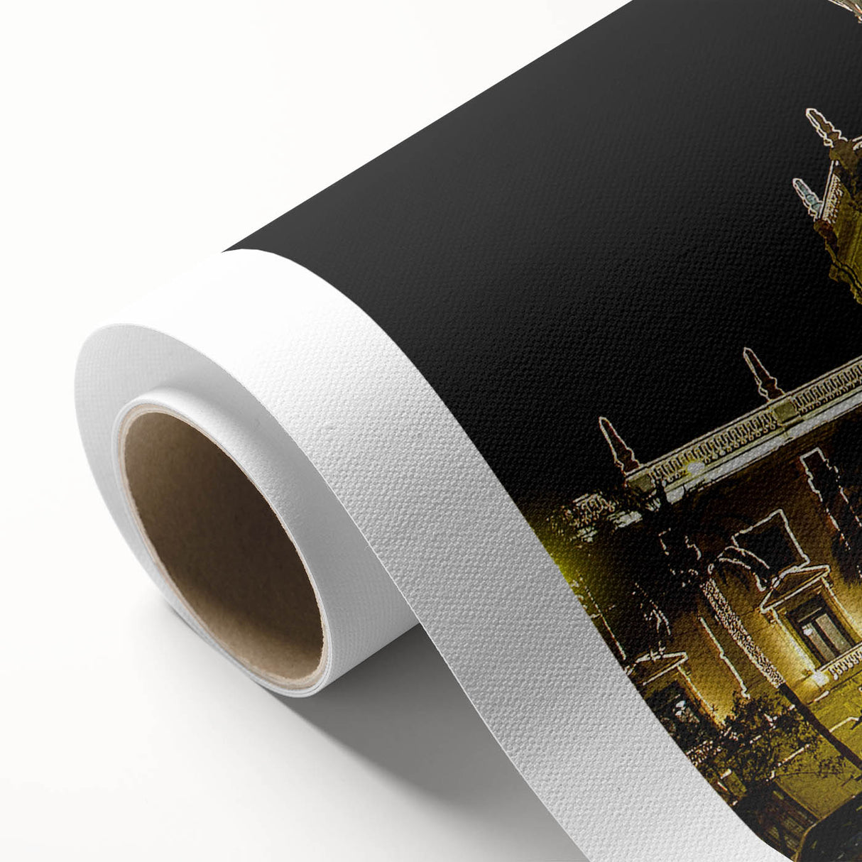 Art deco poster of Valencia scenery in muted earth tones on rolled canvas.