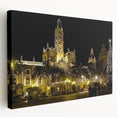 Large art print on stretched canvas featuring a scenic view of Valencia, Spain, in vibrant twilight hues.