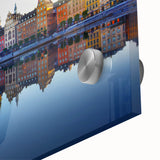 Acrylic print of a large abstract depiction of Stockholm in muted blue and gray tones, ideal for dining room art.