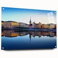 Acrylic print of Stockholm scenery with cool blue and gray tones, ideal for dining room art.