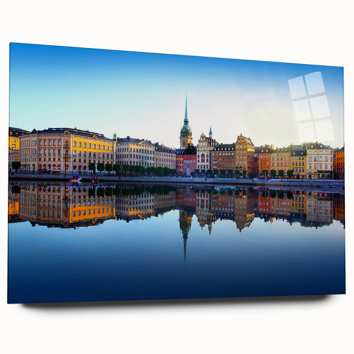 Side view of a large abstract art print of Stockholm scenery on acrylic glass, ideal for bedroom or dining room decor.