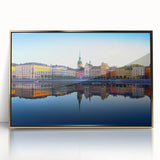 Framed acrylic print of Stockholm scenery in muted gold and blue tones, ideal for modern art wall decor.