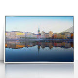 Art deco poster of Stockholm skyline in muted blue and white tones on framed acrylic, ideal for modern nursery wall art.