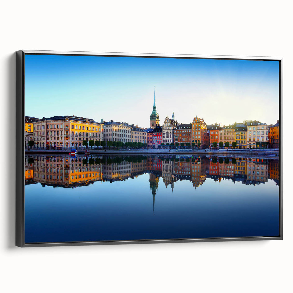 Black and white vintage poster art of Stockholm landscape on framed canvas, ideal for bedroom wall decor.