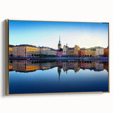 Framed canvas depicting a vintage-style Stockholm landscape in black and gold tones, ideal for bedroom wall art.
