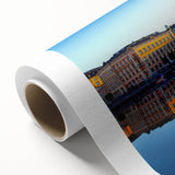 Art Deco poster of Stockholm scenery in pastel blues and pinks on rolled canvas, ideal for nursery wall art.