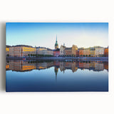 Black and white large art print of Stockholm's skyline on stretched canvas, ideal for kitchen wall art.