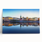 Black and white large art print of Stockholm scenery on stretched canvas, ideal for kitchen wall art or bedroom ambiance.