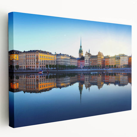 Large art depicting Stockholm scenery in muted blue and yellow tones on stretched canvas, suitable for kitchen wall art.