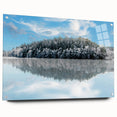 Large abstract wall art depicting a serene Swedish landscape in muted blue and green tones on acrylic glass.