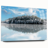 Large abstract wall art depicting a serene Swedish landscape in muted blue and green tones on acrylic glass.