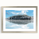 Textured abstract art print depicting a serene Swedish landscape in soft blue and gray tones, framed in silver.