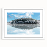 Abstract art print of a European landscape in muted green and blue hues on a white framed mat, ideal for dining room decor.