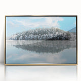 Large art print of a serene Swedish landscape, rendered in mid-century modernist style with soft blue and green hues.