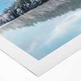 Art deco poster featuring a serene Scandinavian landscape in muted blue and green tones on rolled canvas.