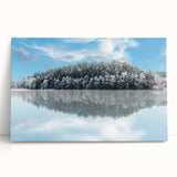Black and white photograph of a serene Swedish landscape on stretched canvas, ideal for kitchen wall art or bedroom decor.