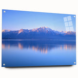 Acrylic print of a large abstract depiction of Geneva, featuring muted blues and greens.