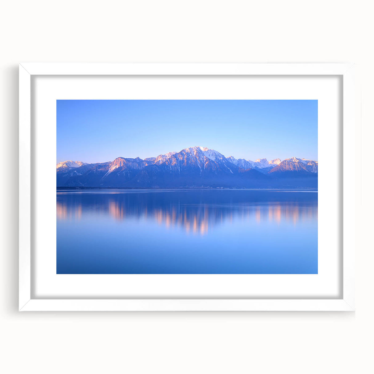 Abstract art print of Geneva cityscape in muted blue and gray tones on a white framed canvas, suitable for dining room decor.