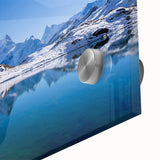 Large abstract wall art depicting a Swiss landscape in muted earth tones on acrylic glass, suitable for dining room art.