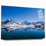Large abstract depiction of a Swiss landscape on acrylic glass, featuring cool blue and green tones.
