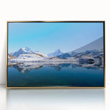 Large art print of a Swiss landscape in muted greens and blues on a framed acrylic, suitable for modern art wall decor.