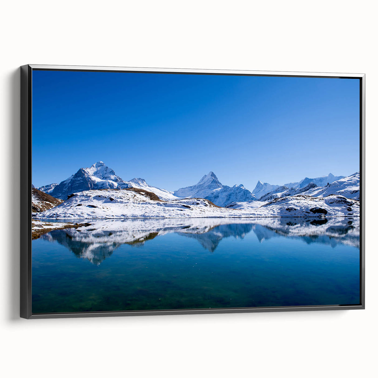 Black and white framed canvas of a vintage Swiss landscape, ideal for bedroom wall decor.