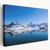 Large canvas print of a European Swiss landscape in muted green and blue tones, ideal for kitchen wall art.