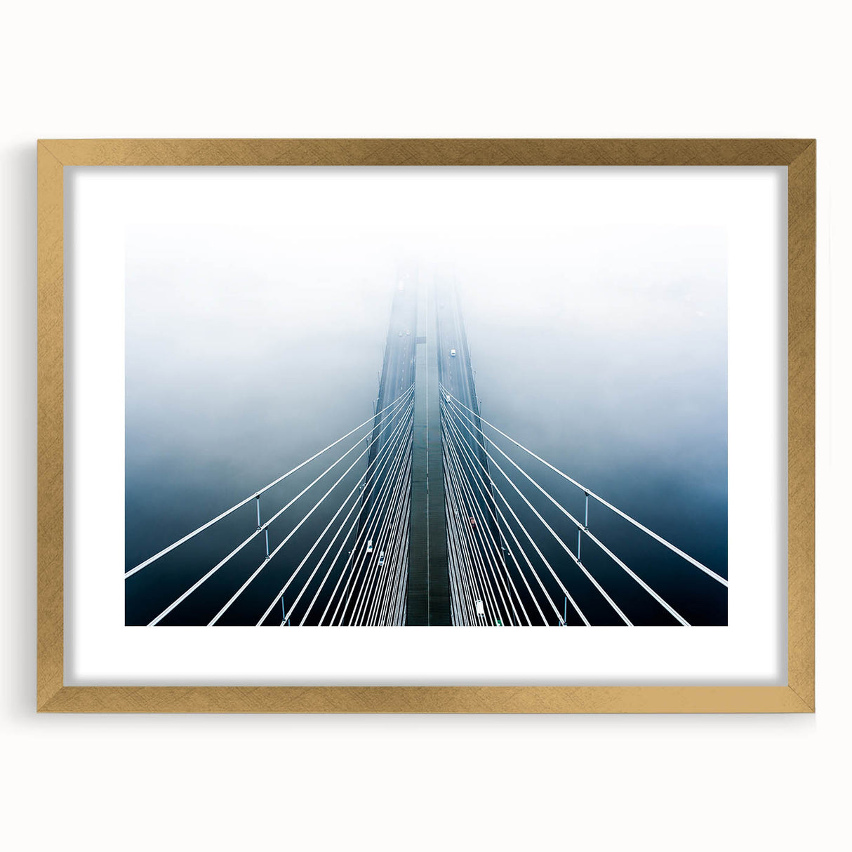 Extra large abstract art print depicting a textured European scenery in muted earth tones, framed in gold.