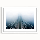 Abstract art print of a European scenery in muted earth tones on a framed white mat, ideal for dining room decor.