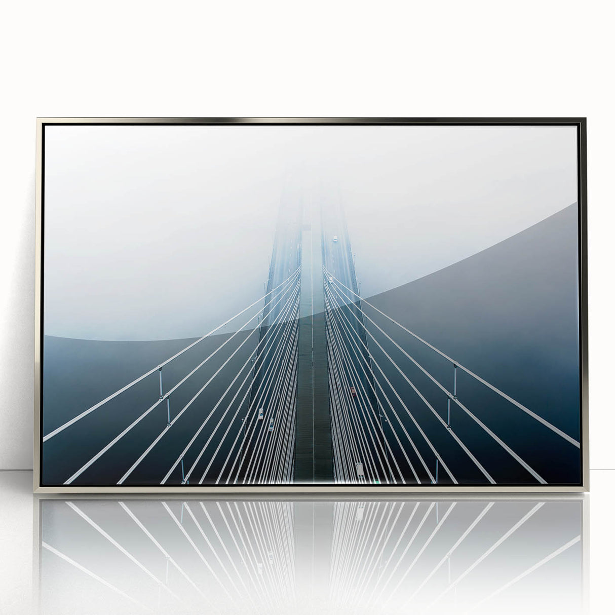 Mid-century modernist art depicting a serene Ukrainian landscape, framed in silver acrylic, suited for nursery wall decor.