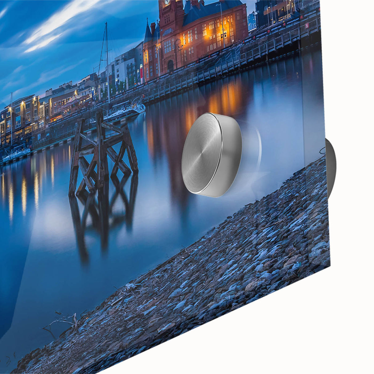 Large abstract wall art featuring a Welsh landscape in muted green and blue tones on acrylic glass.