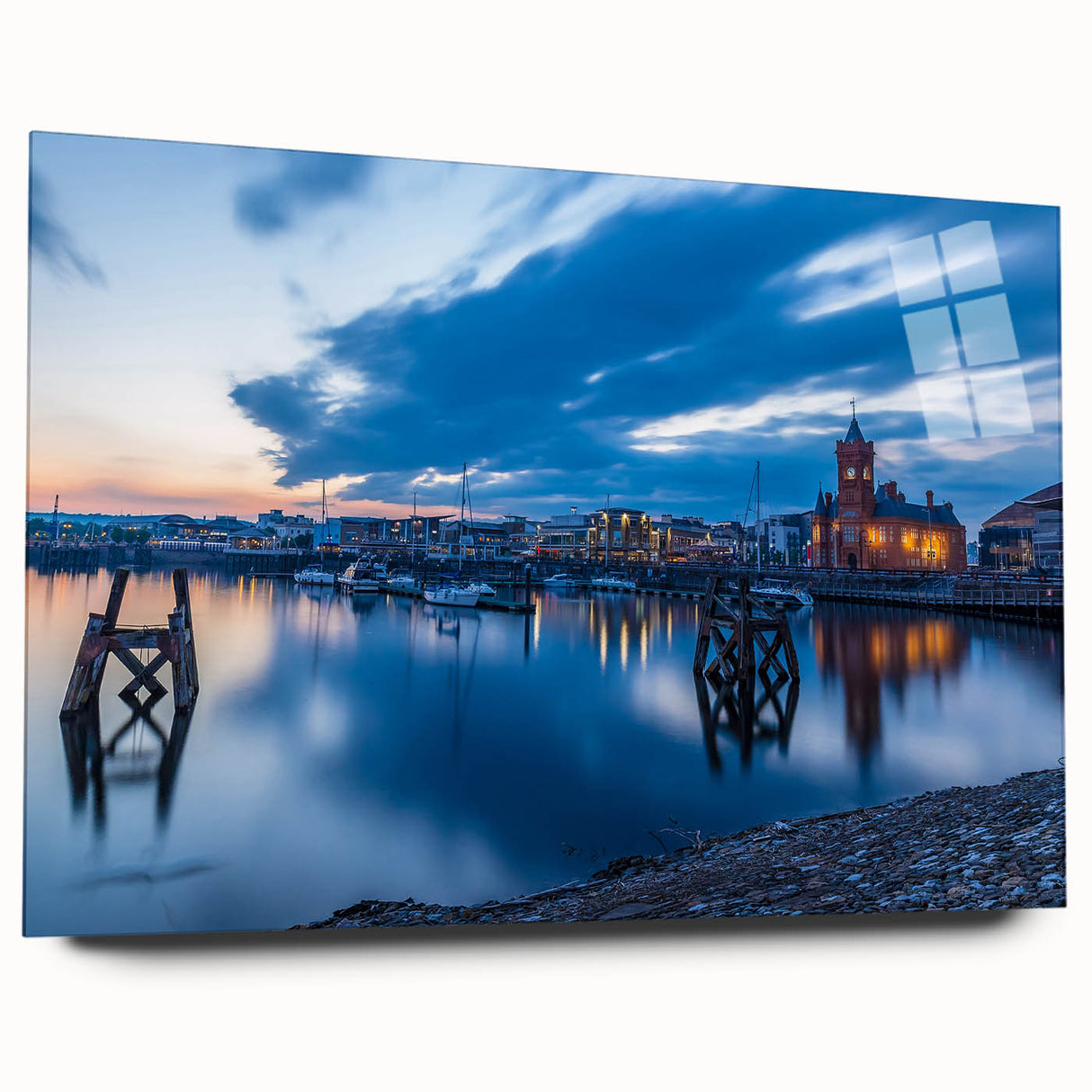 Large abstract wall art of a Welsh landscape in muted greens and blues, acrylic glass format.