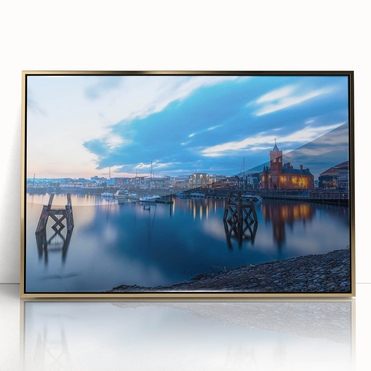 Framed acrylic print of a Welsh landscape in muted green and blue tones, ideal for modern art wall decor.