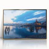 Framed acrylic print of a Welsh landscape in muted green and blue tones, ideal for modern art wall decor.