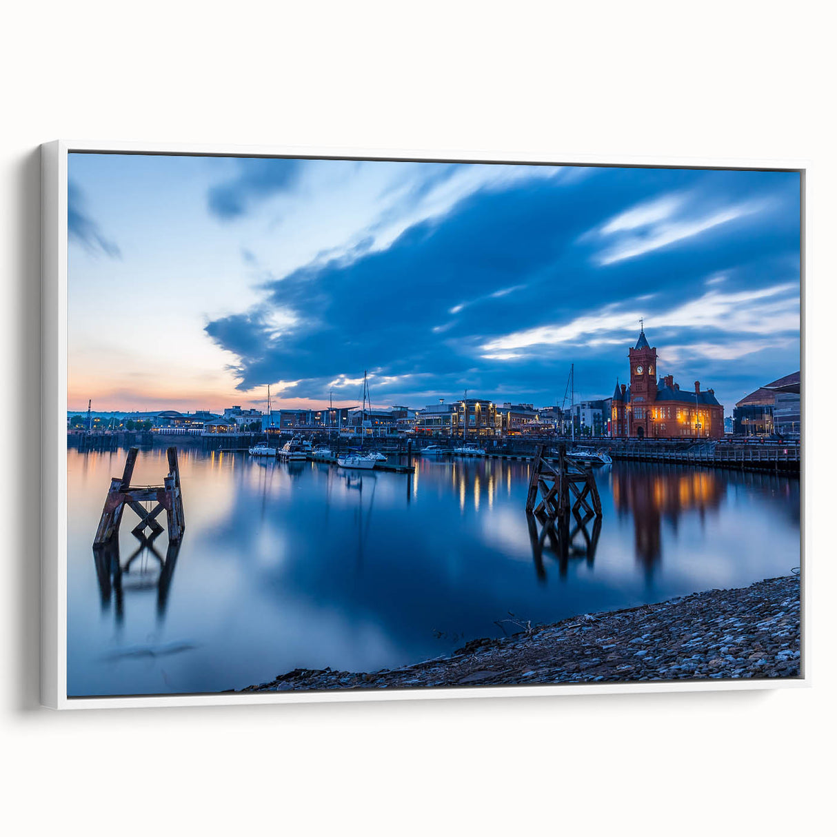 Vintage poster art of a scenic Wales landscape on a framed canvas, featuring colorful art in extra large size.
