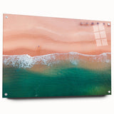 Large abstract depiction of Acapulco scenery in blue and green tones on acrylic glass.