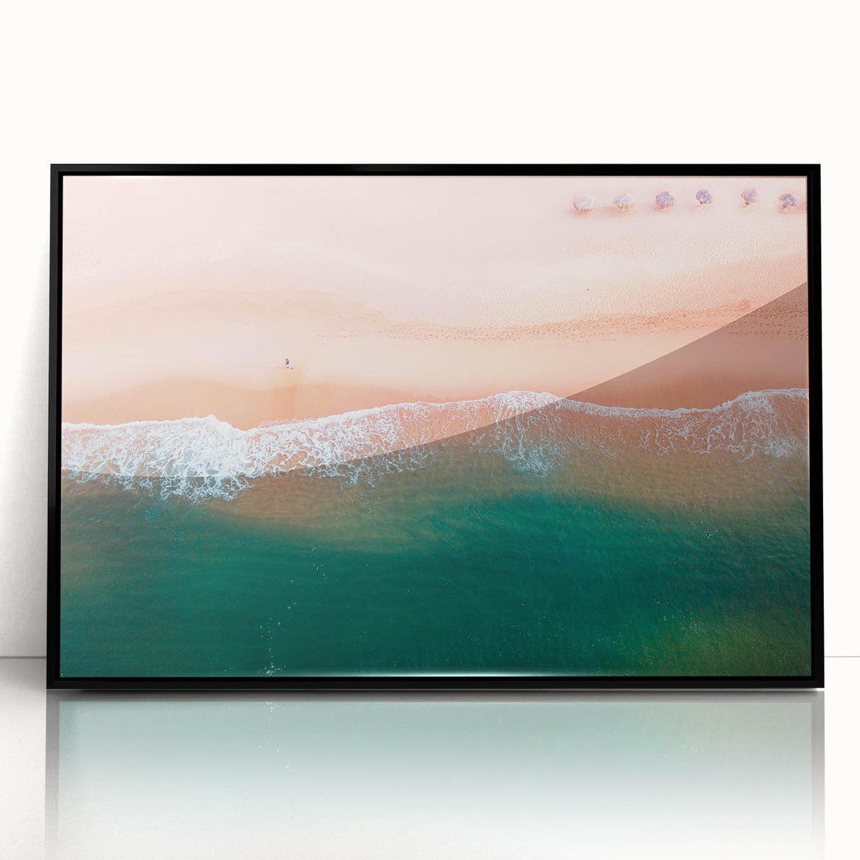 Large abstract wall art depicting the Acapulco scenery in mid-century modernist style, framed in black acrylic.